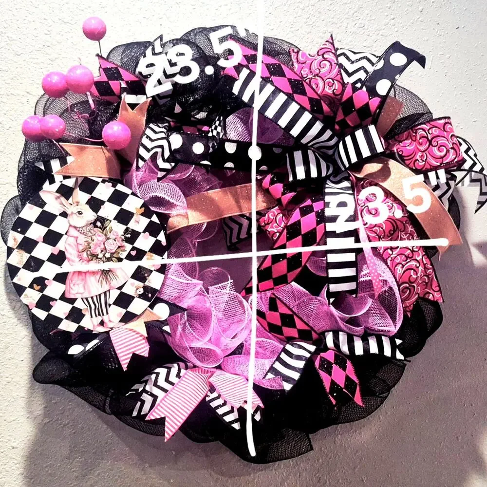 Wreath Rabbit flowers Valentines, Easter, Spring, Summer SIGN Ribbon pink black